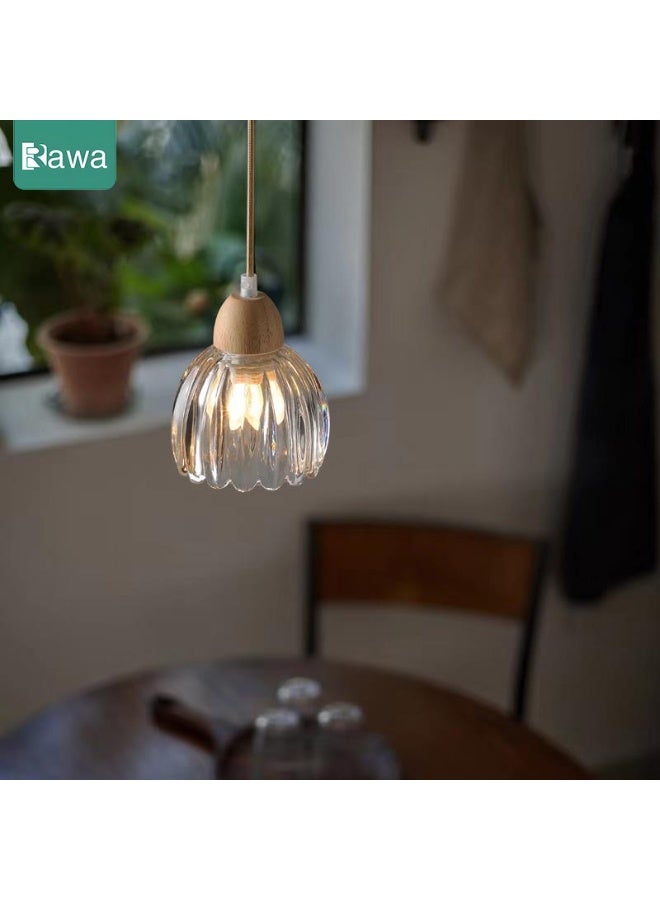 روعة مصباح معلق على شكل بتلة من الخشب الصلب على الطراز الياباني، مصباح طاولة سرير غرفة نوم وغرفة طعام عصري بسيط، إضاءة قابلة للتعديل بثلاثة ألوان (مصباح LED مرفق) - Image 1